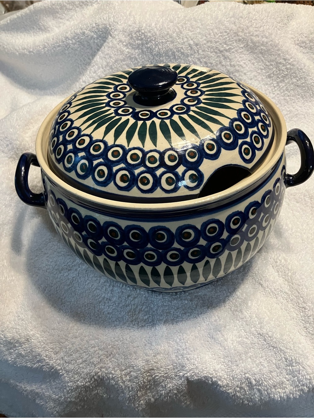 handcrafted Polish Pottery soup tureen from the Boleslawiec region. Large.